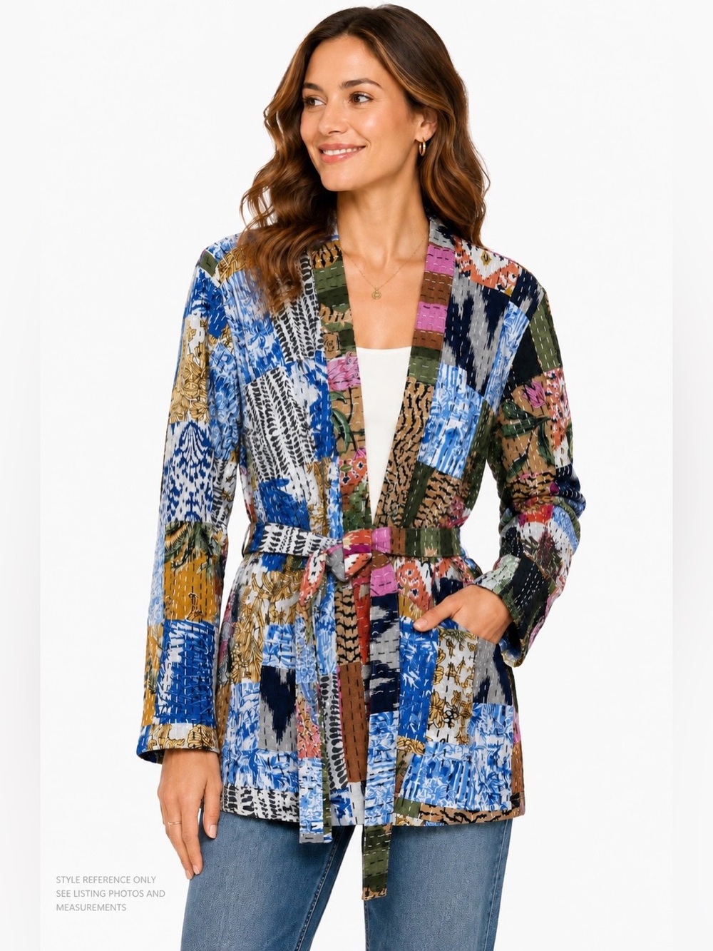 Handmade Kantha Patchwork Tie Waist Jacket Size Medium (Estimated) - Picture 7 of 9